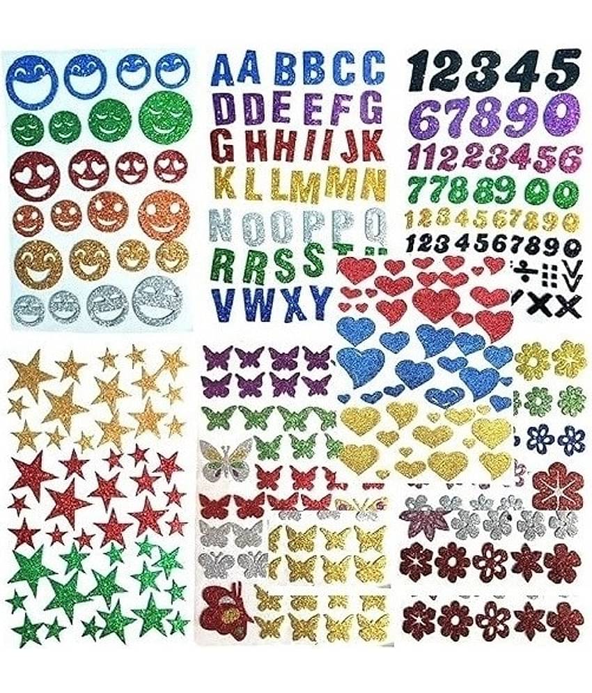 Eclet Glitter Foam Self Adhesive Alphabets; Butterflies; Stars; Numeric; Hearts; Flowers and Smiley Mix Stickers for Art and Craft (Multicolour; Medium) -Set of 7 Sheets