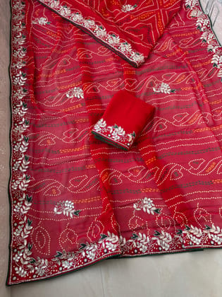 Pure 75*75 Jaipuri print jhorjt  with running  blouse Jaipuri traditional Bandej saree Karva Chauth special Chunri