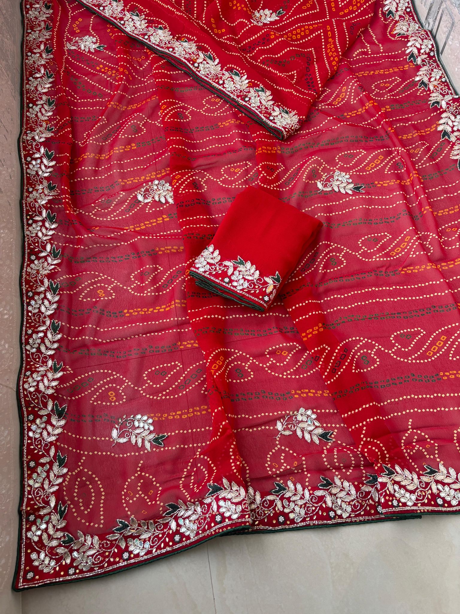 Pure 75*75 Jaipuri print jhorjt  with running  blouse Jaipuri traditional Bandej saree Karva Chauth special Chunri