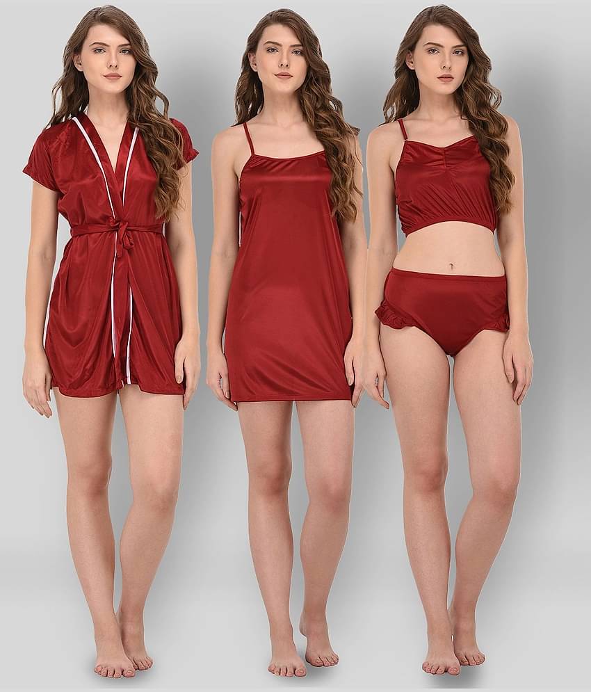 You Forever - Maroon Satin Women's Nightwear Nighty & Night Gowns ( Pack of 3 )