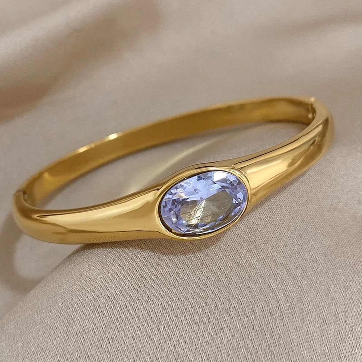 Oval Crystal Red 18K Gold Stainless Steel Anti Tarnish Openable Kada Bracelet For Women-Blue
