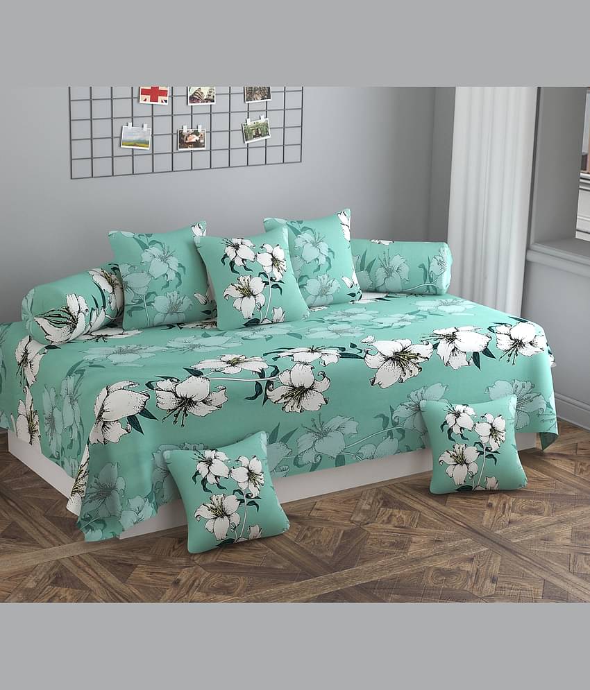 SHOMES Cotton Floral Diwan Set 8 Pcs - Green