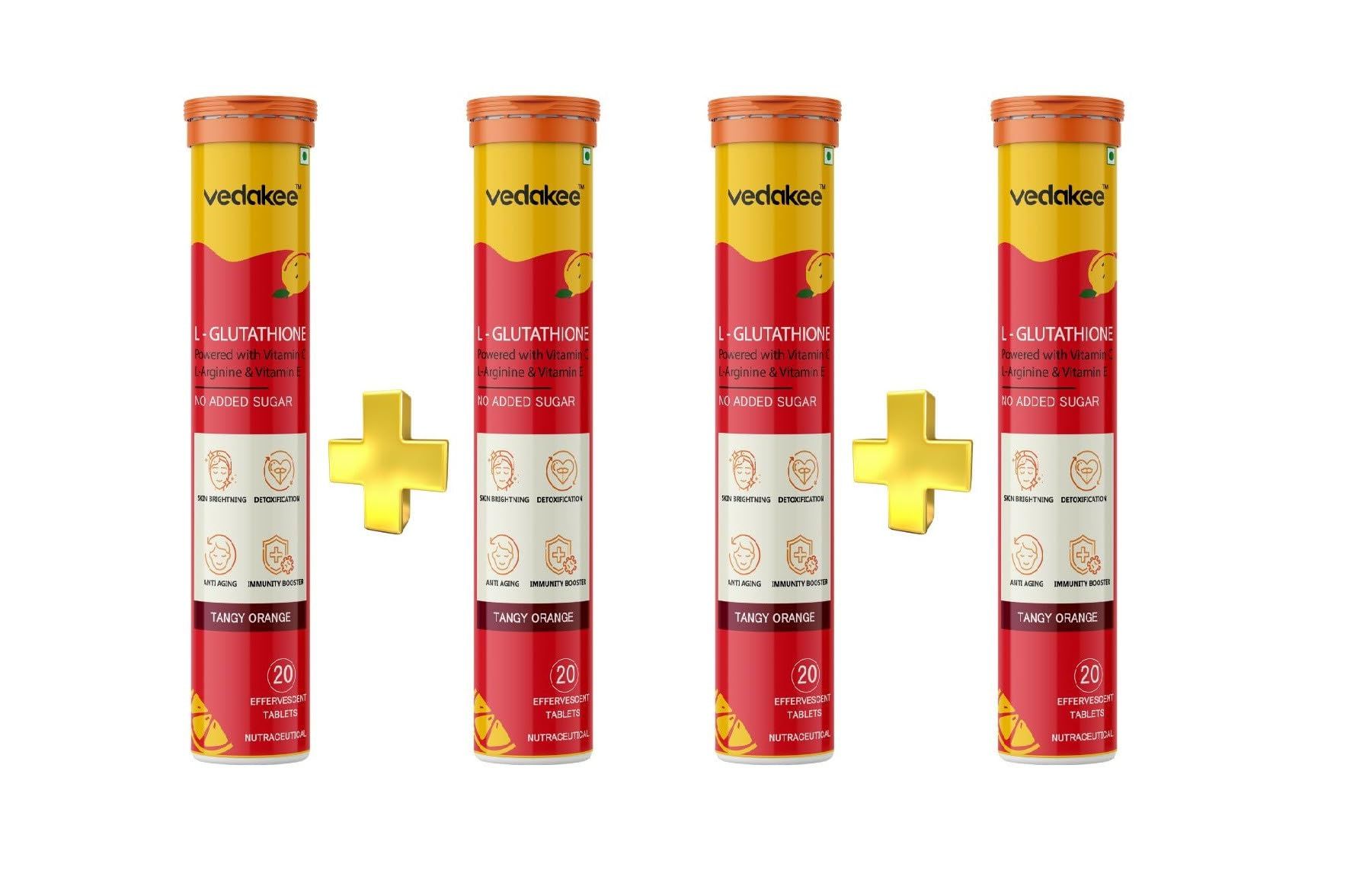 Vedakee L-Glutathione Effervescent Tablets (Orange, 80 Tablets) | Vitamin C & E for Skin Glow, Hydration, Detox, and Antioxidant Support | Glutathione 600mg with Hyaluronic Acid