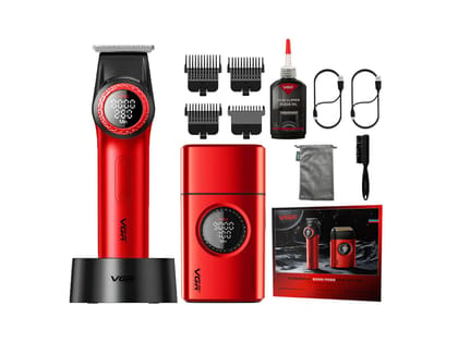 VGR V-977 & V-377 Professional Barber Combo Color Red Trimmer 240 min Runtime 5 Length Settings (Red)
