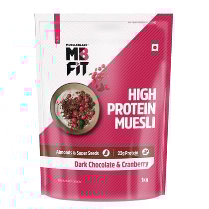 MuscleBlaze Fit High Protein Muesli (Dark Chocolate & Cranberry, 1kg) 22g Protein, With Raisins, Almonds & Super Seeds, Protein Breakfast Cereals