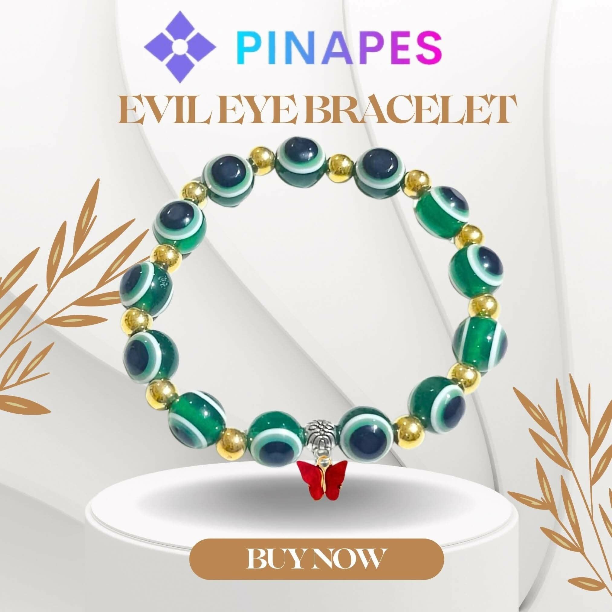 Pinapes Butterfly Beads and Evil Eye Charm Bracelet A Must-Have for Fashionable and Superstitious Women with Red Butterfly - Dark Green
