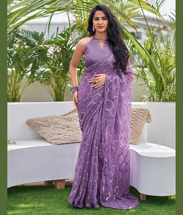 Satrani Georgette Embellished Saree With Unstitched Blouse Piece ( Lavender )