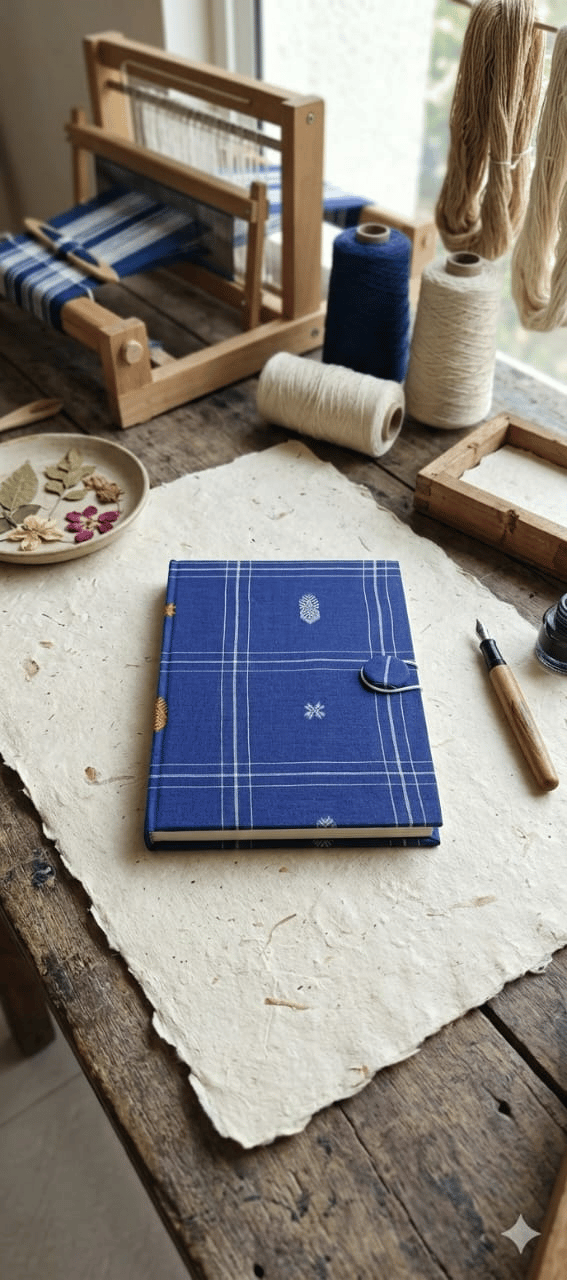 Bivabari Handloom Fabric Covered Handmade Notebook | Blue | 50 Pages | Eco-Friendly Handmade Paper, Button Closure | Journaling & Gifting
