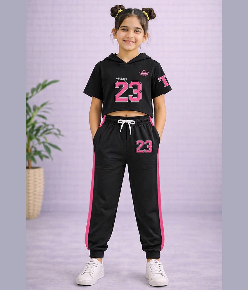 Trampoline Girls Cotton Blend Top & Pant Set ( Black , Pack of 1 )