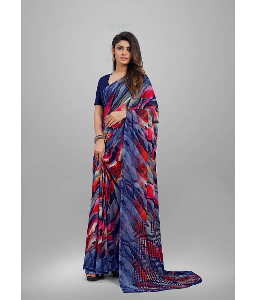 Sanjana Silks Georgette Printed Saree With Unstitched Blouse Piece ( Blue )