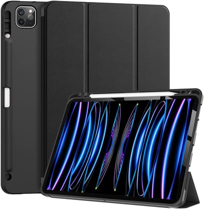 Premium Smart Case for Apple iPad Pro 11 inch 2022/2021 4th/3rd Gen [Auto Sleep/Wake Cover] [Pencil Holder] [Soft Flexible Case] Recoil Series-Black