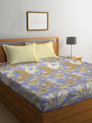 Grey & Yellow Floral 300 TC Fitted King Bedsheet With 2 Pillow Covers