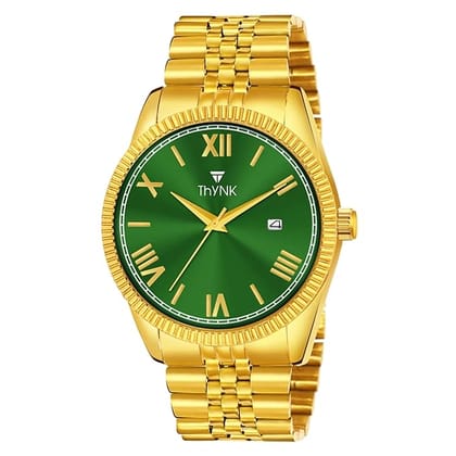 Thynk Golden Strap with Date Display Analog Watch | Round Green Dial with Luxury Finish