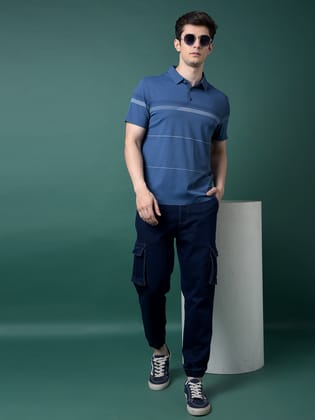Blue Printed Polo Neck T-Shirt-S / Blue