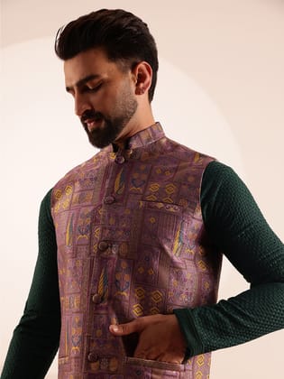 Men's Jacquard Silk Purple Nehru Jacket With Brocade Geometric Design-36
