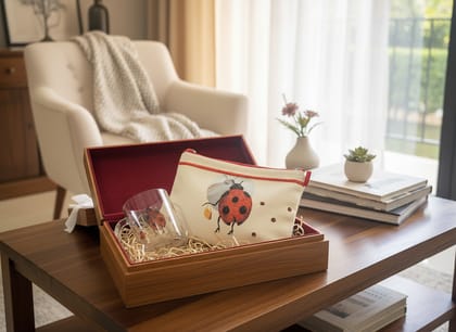 Ivvory Artisan Ladybird Gift Set (2 Pieces) | Glass Coffee Mug & Hand Embroidered Utility Pouch (25x18cm) | Red Beetle Design