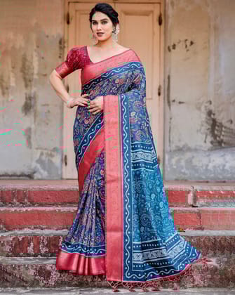 Teal Blue and Coral Tussar Silk Saree with Floral Weaves and Geometric Pallu-Regular