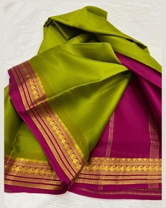 Green & Pink Mysore Crepe Silk Saree for Wedding
