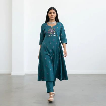 Handloom Cotton Co-Ord Set in Dark Teal with Mirror-Work Embroidery Handloom Cotton Co-Ord Set in Dark Teal with Mirror-Work Embroidery