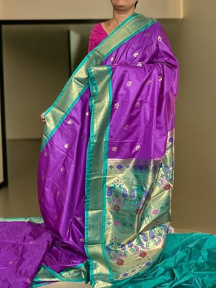 PURE SOFT SILK SAREE PURPLE AND SEAGREEN WITH ALLOVER ZARI WEAVES BUTTAS IN BORDER TISSUE STYLE