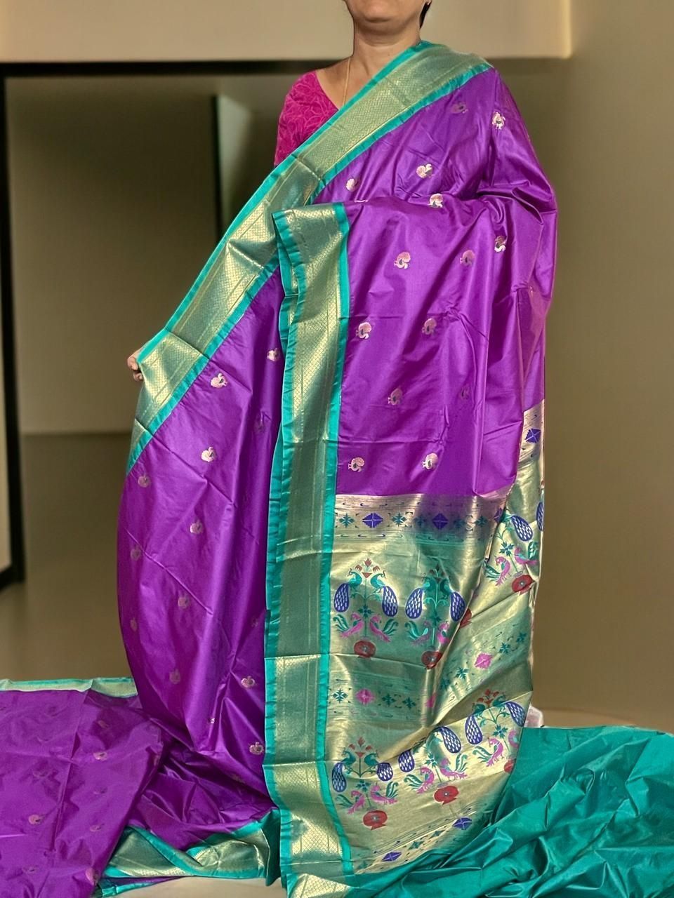 PURE SOFT SILK SAREE PURPLE AND SEAGREEN WITH ALLOVER ZARI WEAVES BUTTAS IN BORDER TISSUE STYLE