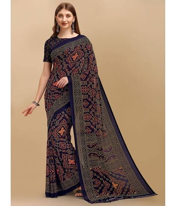 LEELAVATI Georgette Printed Saree With Unstitched Blouse Piece ( Navy Blue )