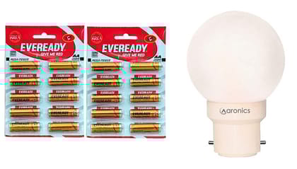 Eveready Zinc Carbon Batteries Aa 1005 Pack Of 20 + Aaronics 0.5W Night Lamp Pack Of 1