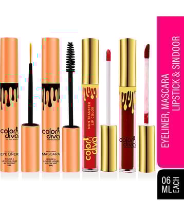Color Diva Waterproof Eyeliner, Mascara, Sindoor & Liquid Lipstick Makeup Kit Pack of 4 24