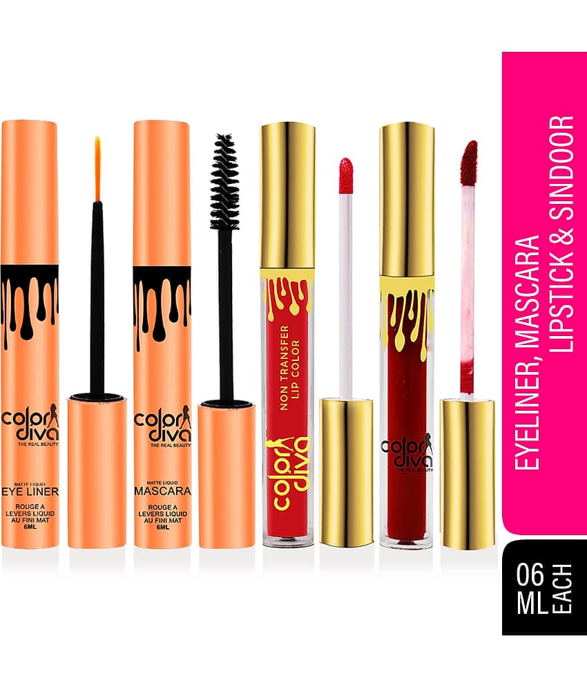 Color Diva Waterproof Eyeliner, Mascara, Sindoor & Liquid Lipstick Makeup Kit Pack of 4 24