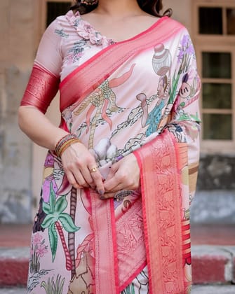 Blush Pink Digital Print Tussar Silk Saree with Vibrant Storyline Art-Regular