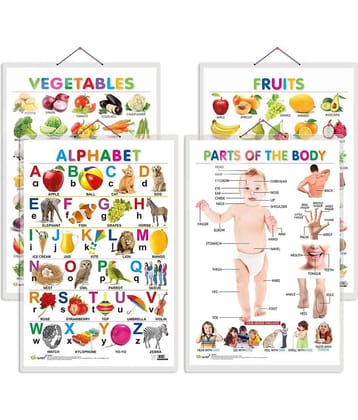 Set of 4 Alphabet, Fruits, Vegetables and Parts of the Body Early Learning Educational Charts for Kids | 20"X30" inch |Non-Tearable and Waterproof | Double Sided Laminated | Perfect for Homeschooling, Kindergarten and Nursery Students