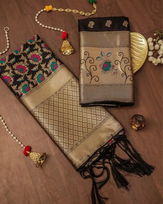 Noor-e-Banaras Brocade Weaving Lichi Silk Suit Black