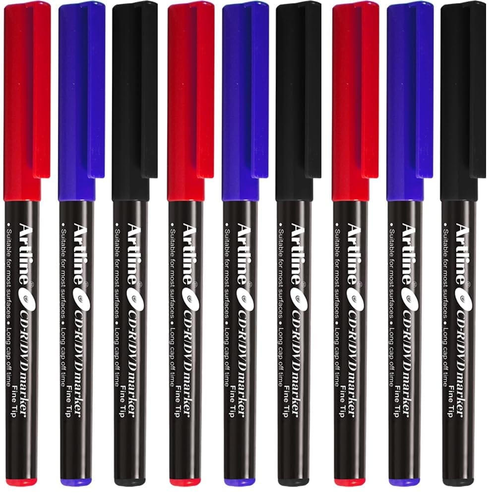 Artline CDR/DVD Marker Black Pack of 10 X 2 Packs, Blue Pack of 10 X 2 Packs, Red Pack of 10 X 1 Packs (50 DVD's Markers) | On Multiple Surface: Metal, Plastic/OHP, Glass/Porcelain & Carton