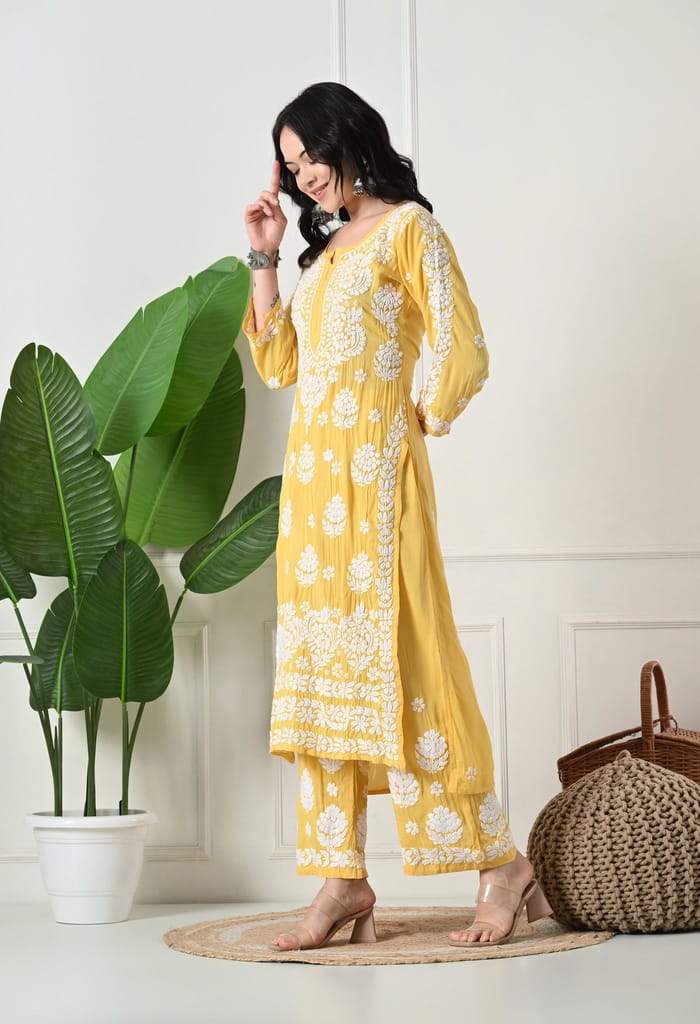 Hand Embroidered Chikankari Modal Plazo Set 3d Work-Yellow