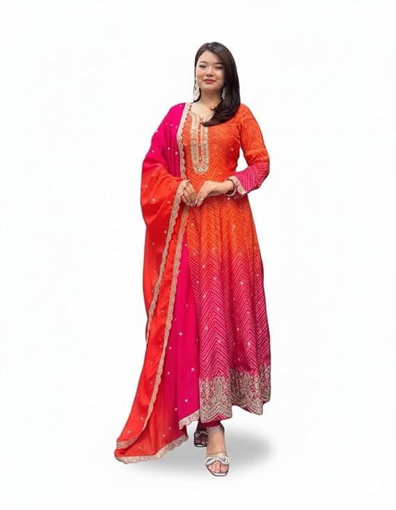 Women?s Anarkali Kurta Set with Dupatta Orange & Pink Ethnic for Women Embroidered Long Kurti with Matching Dupatta Festive, Wedding & Party Outfit