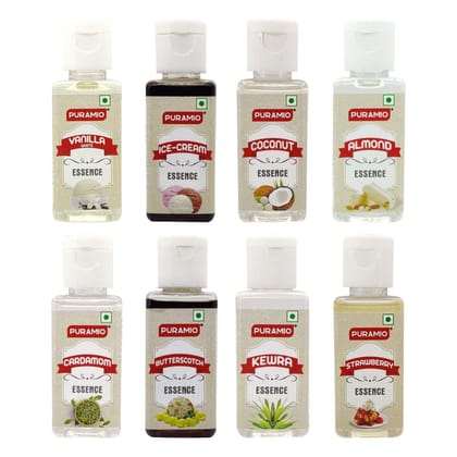 Puramio Culinary Liquid Food Essence, (Vanilla White, Cardamom, Butterscotch, Kewra, Strawberry, Almond, Coconut, Ice Cream), 50 ml Each - Pack of 8
