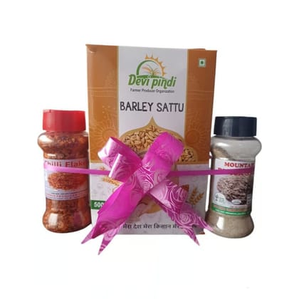 Combo Pack| Barley Sattu| Chilly Flakes | Black Salt - 700 gm - 700 gm - One box of Barley Sattu with two seasoning bottles