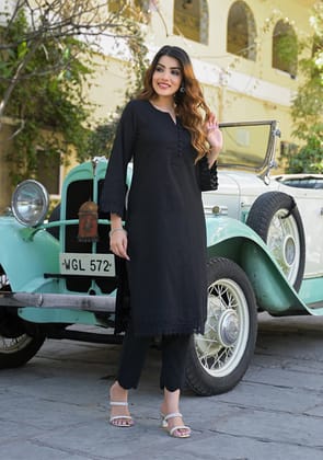 Black Solid Print Cotton Fabric Shirt Kurta with Trouser-XS