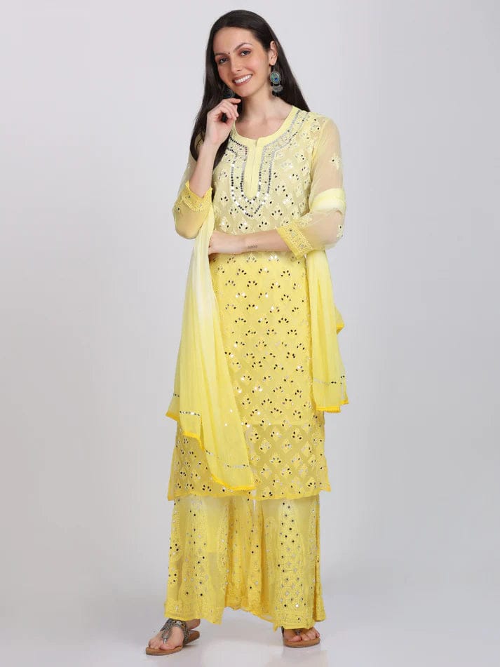 Yellow Booti Jaal Mirror Chikankari Handmade Kurti Set-36-XS