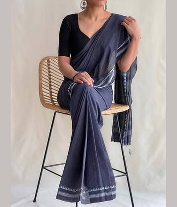 SARADA HANDLOOM Cotton Solid Saree With Unstitched Blouse Piece ( Navy Blue )
