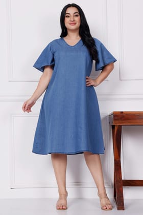 Denim Solid Dress-L / Blue