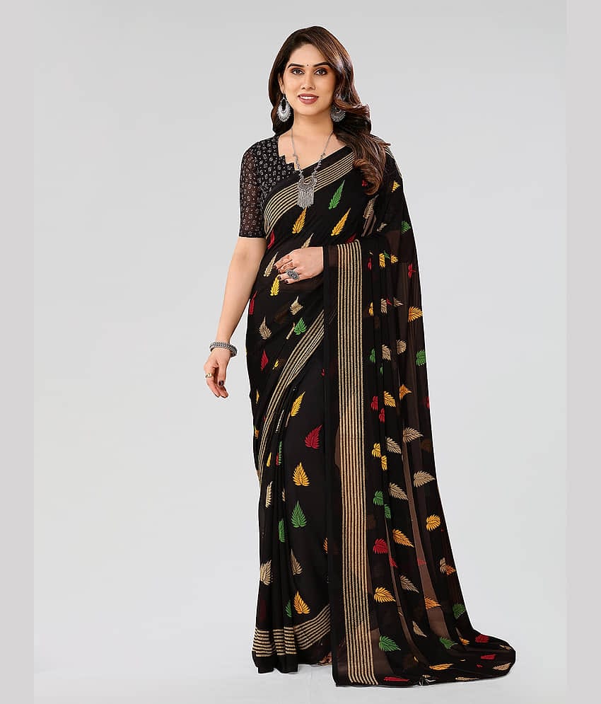 ANAND SAREES Georgette Printed Saree With Unstitched Blouse Piece ( Navy Blue )