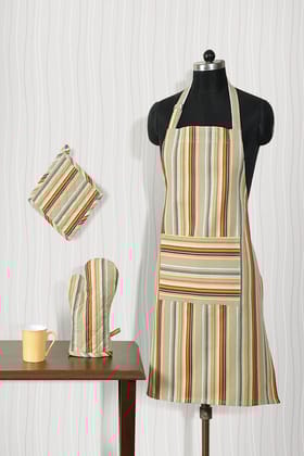 Multicolour Stripe Ivan Apron Set-1 Apron: 50 x 70 cms<br>1 Mitton: 18 x 28 cms <br> 1 Pot Holder: 20 x 20 cms / Multicolour / Multicolour