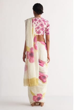 DARSHANS Women's Linen Printed Saree With Unstitched Blouse 5.5Mtr (White)-PID65174