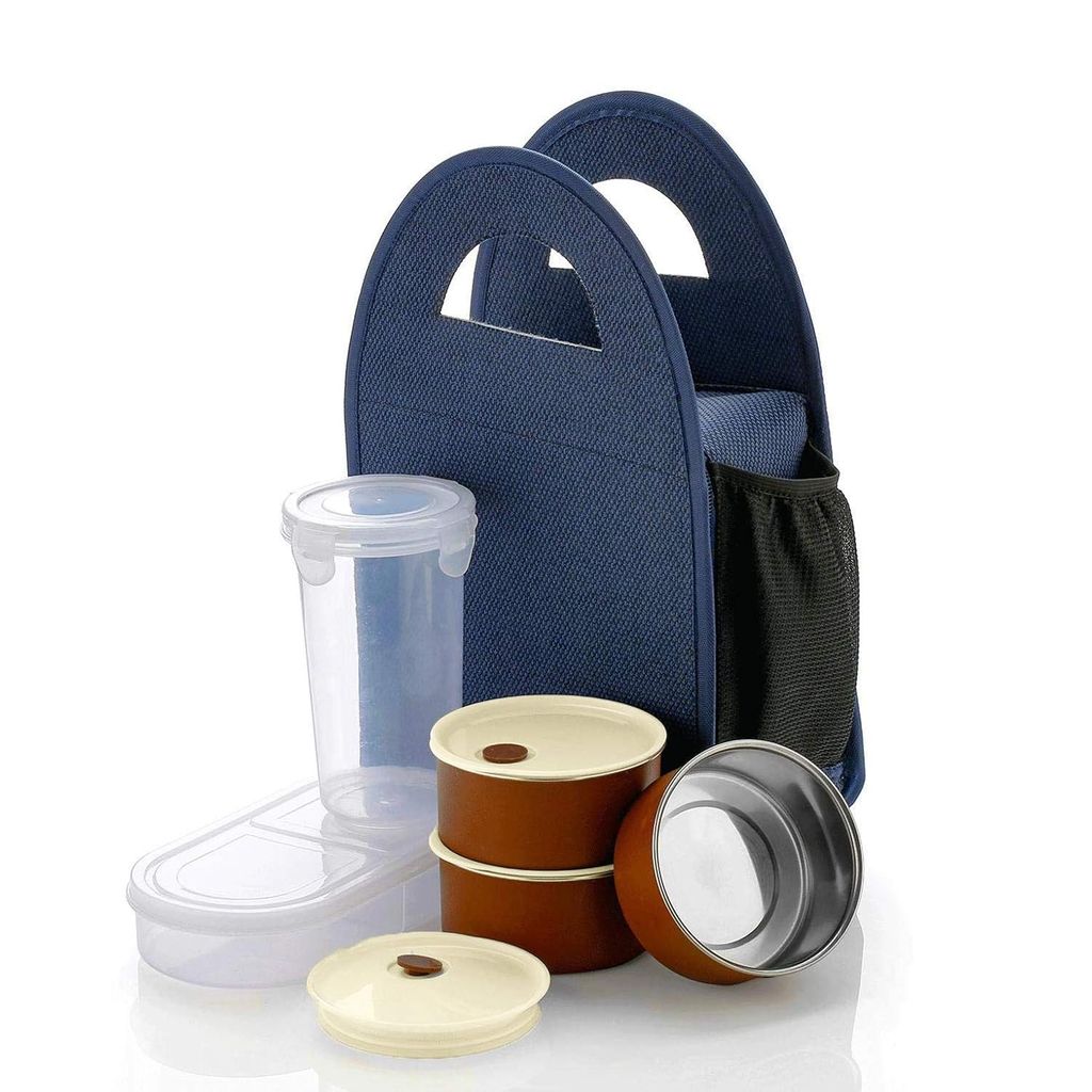 Tiffin Box With Bag Stainless Steel 4 Container and 1 Set with Plastic Glass Lunch Box Set with Carry Bag for Office, College and School for Men, Women Kids