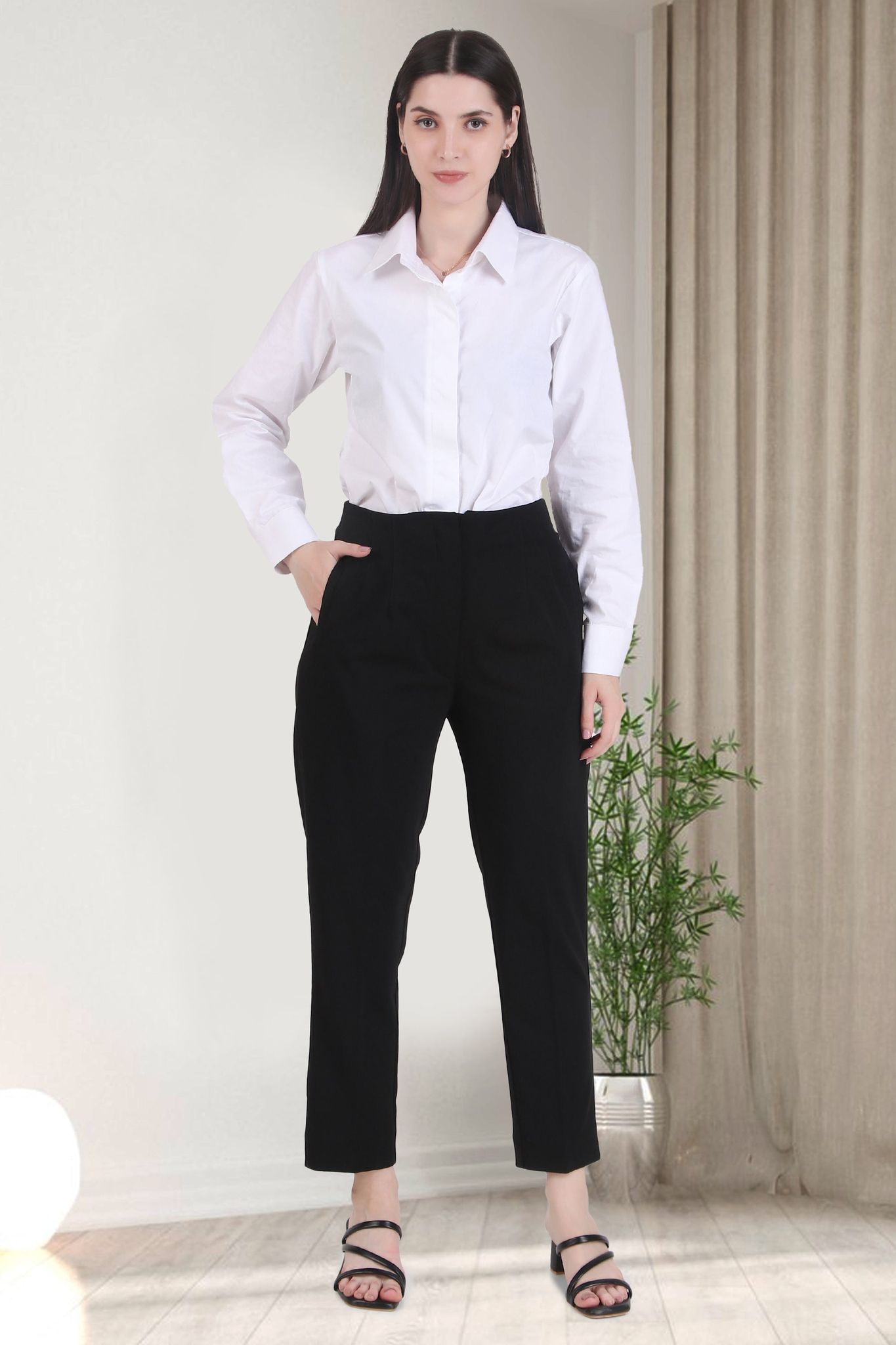 High Waist Trousers, Black-XS
