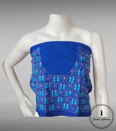 Blue Bengal Kantha Hand Embroidered Blouse Piece for Sarees