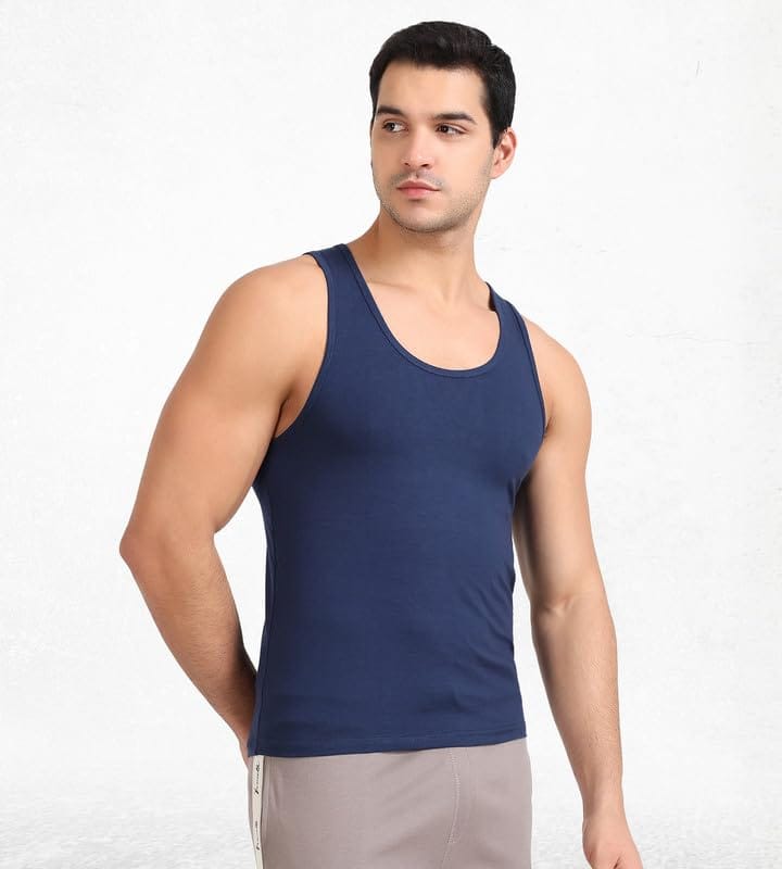 Freecultr Cotton Vest for Men Sleeveless Lightweight Solid Round Neck Comfort Vests Breathable & Comfortable Innerwear Sando for Man Regular Fit Pack of 1-Navy
