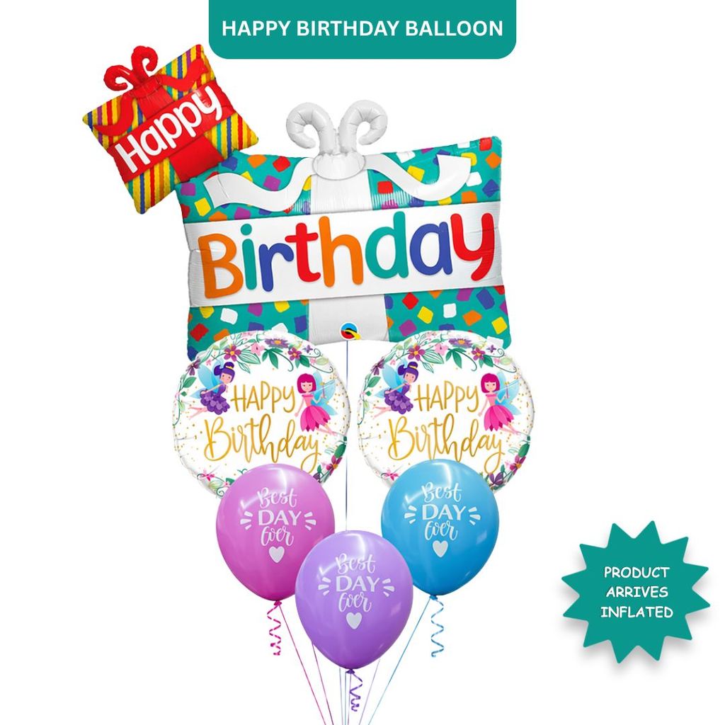 Happy Birthday Gift Box Helium Balloon Set of 6 (Dual Gift Box Supershape + 2 Happy Birthday Round Foil + 3 Best Day Ever Balloons) | Pre-Inflated & Delivered | Birthday Decoration - Party and Festive Needs | Buy online on ZillyBuy