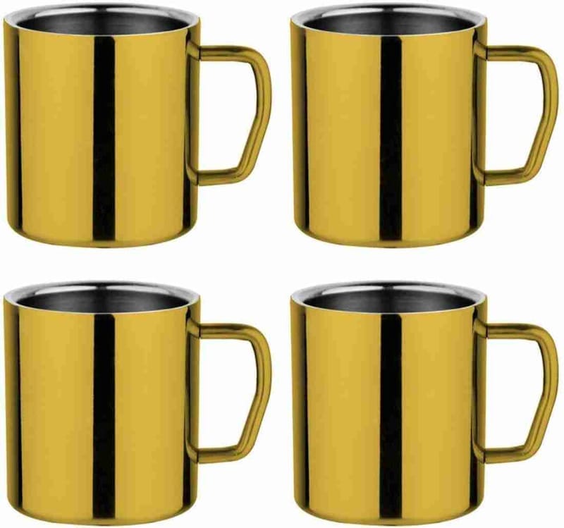 Prabha Set of 4 Gold Stainless Steel Coffee Mugs with Handle, 350ml Double Wall Insulated Metal Cups for Espresso, Tea, Milk